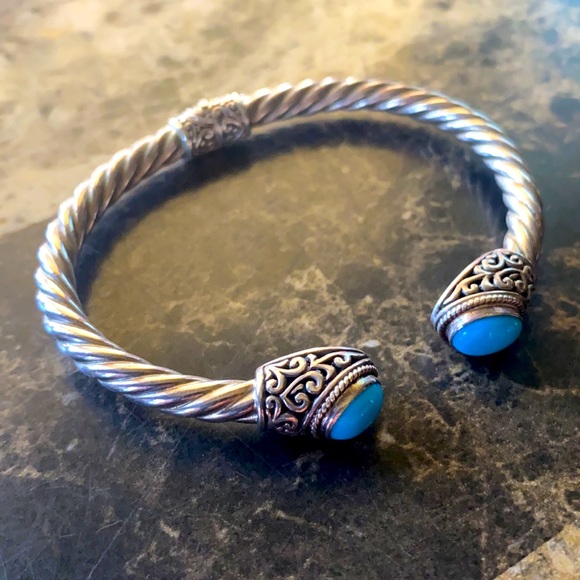 Samuel B. Sterling Silver 18K Gold with Turquoise Stones Hinged Cuff Bracelet - Picture 3 of 9